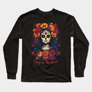 Day of the dead; el Día de Muertos; Mexico; Mexican; sugar skull; beautiful; woman; colorful; bright colors; black shirt; skeleton; celebration; celebrate; party; fiesta; halloween; dark; skull; Long Sleeve T-Shirt